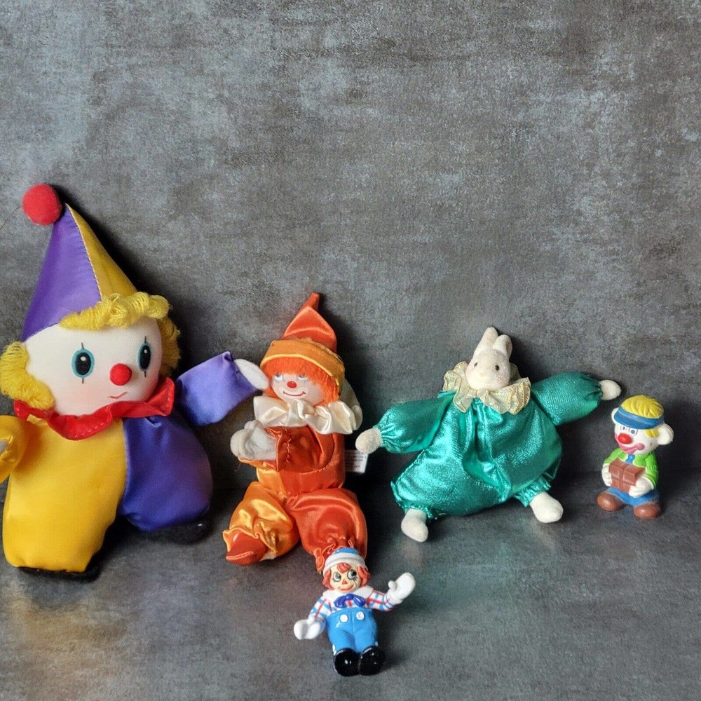 Vintage Clown Figurine Doll Plush Lot of 5 Fun Farm,Amtoy, Mego Collector 1980s